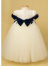 Navy Blue Velvet Lace Ivory Tulle High Low Flower Girl Dress